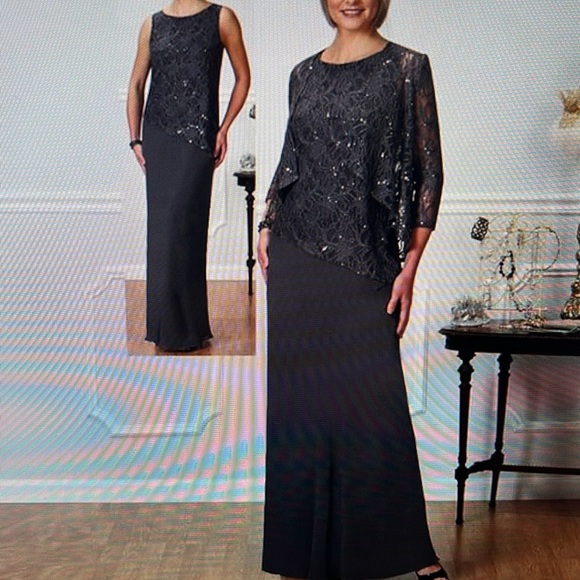 Elegant gown stormy blue with flowing chiffon skirt. Lacy sequin bolero top. - Picture 3 of 3